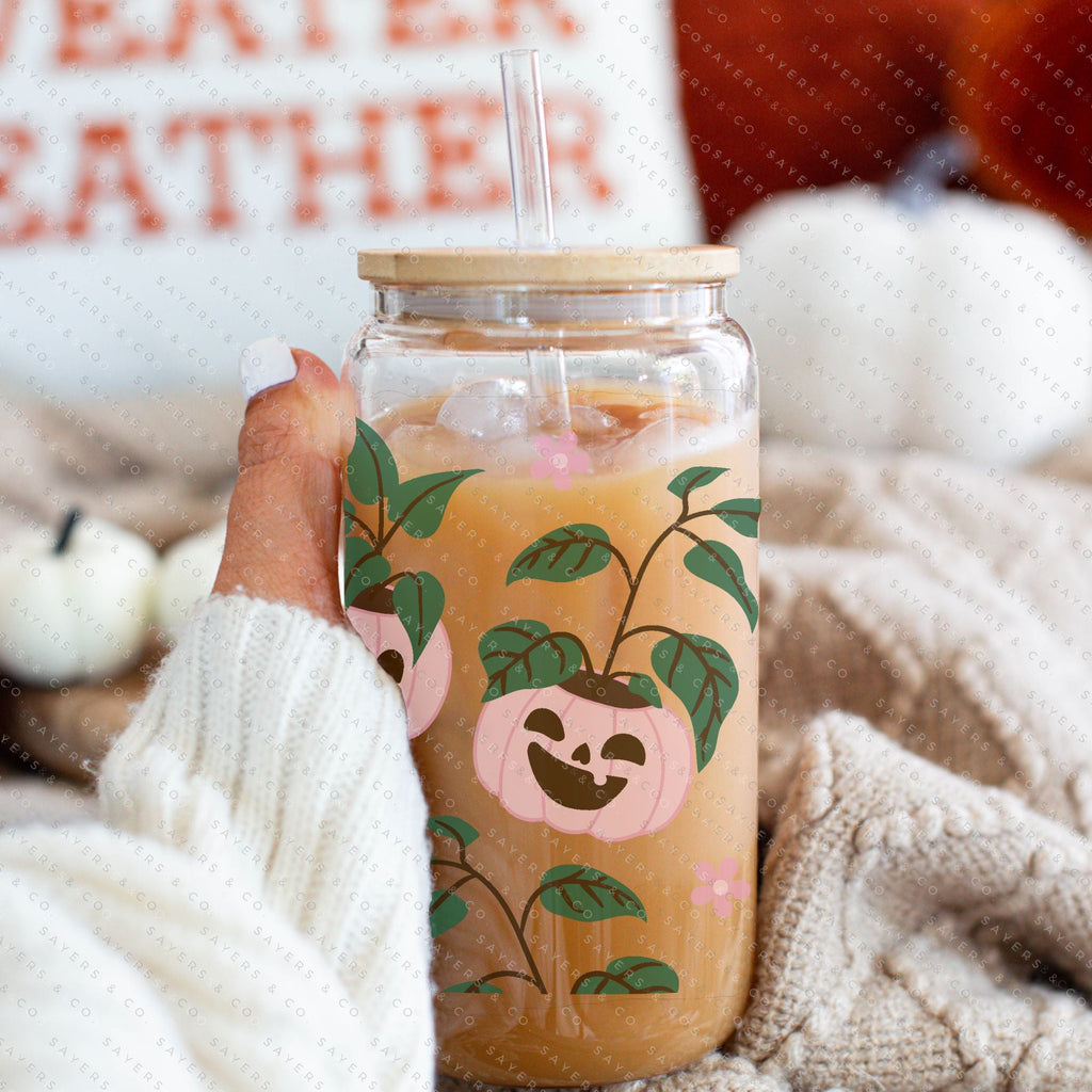 16oz Pumpkin Planters Iced Coffee Glass Can, Fall Tumbler, Halloween Tumbler, Gift For Her, Fall Mug with Bamboo Lid & Straw #100062 | Sayers & Co.