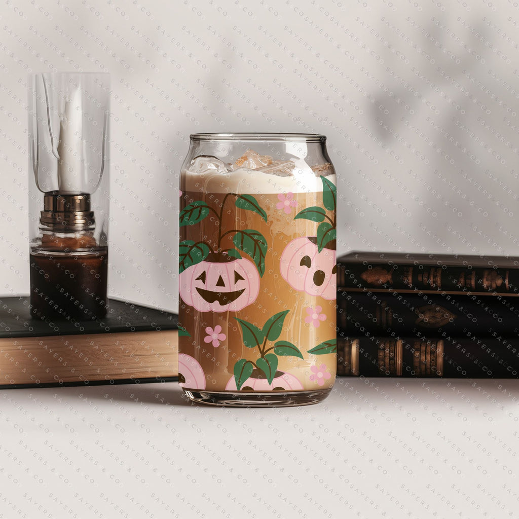 16oz Pumpkin Planters Iced Coffee Glass Can, Fall Tumbler, Halloween Tumbler, Gift For Her, Fall Mug with Bamboo Lid & Straw #100062 | Sayers & Co.
