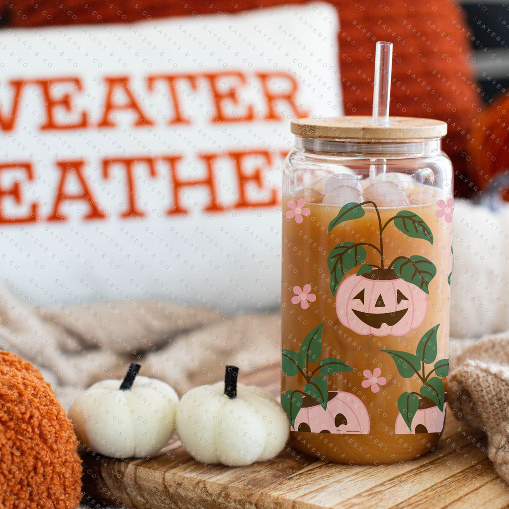 16oz Pumpkin Planters Iced Coffee Glass Can, Fall Tumbler, Halloween Tumbler, Gift For Her, Fall Mug with Bamboo Lid & Straw #100062 | Sayers & Co.