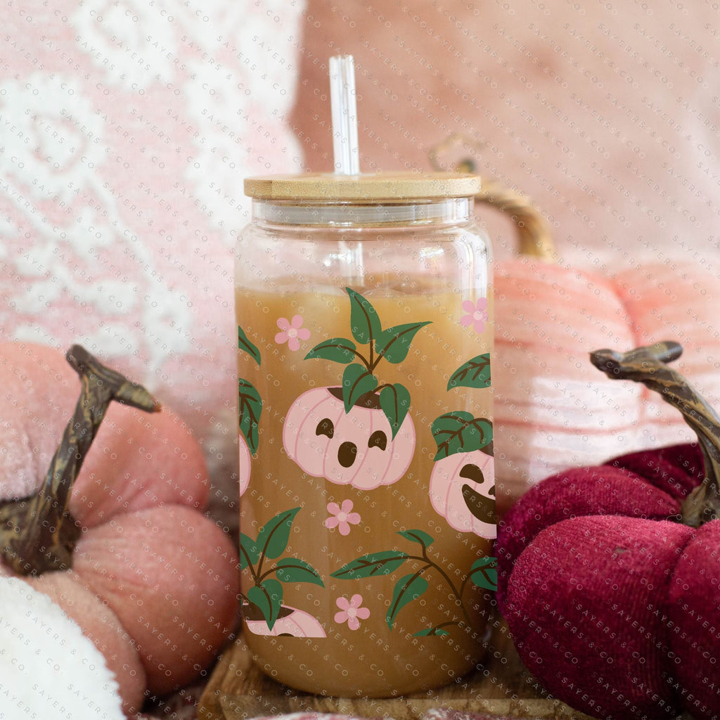 16oz Pumpkin Planters Iced Coffee Glass Can, Fall Tumbler, Halloween Tumbler, Gift For Her, Fall Mug with Bamboo Lid & Straw #100062 | Sayers & Co.