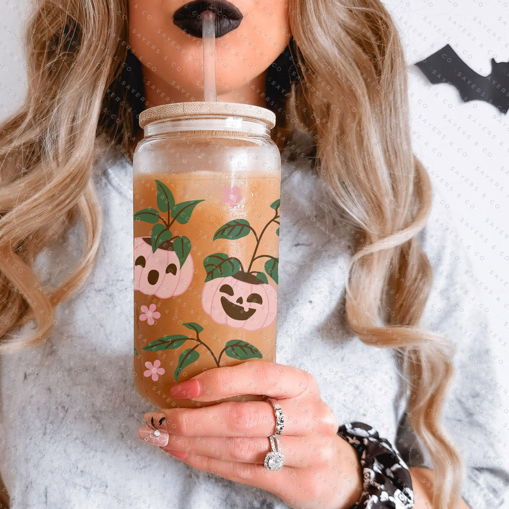 16oz Pumpkin Planters Iced Coffee Glass Can, Fall Tumbler, Halloween Tumbler, Gift For Her, Fall Mug with Bamboo Lid & Straw #100062 | Sayers & Co.