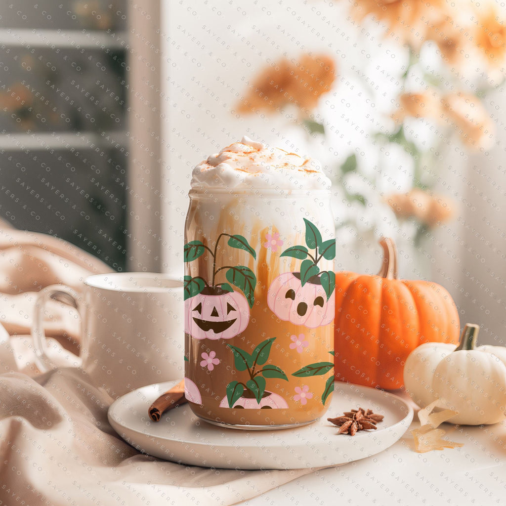 16oz Pumpkin Planters Iced Coffee Glass Can, Fall Tumbler, Halloween Tumbler, Gift For Her, Fall Mug with Bamboo Lid & Straw #100062 | Sayers & Co.