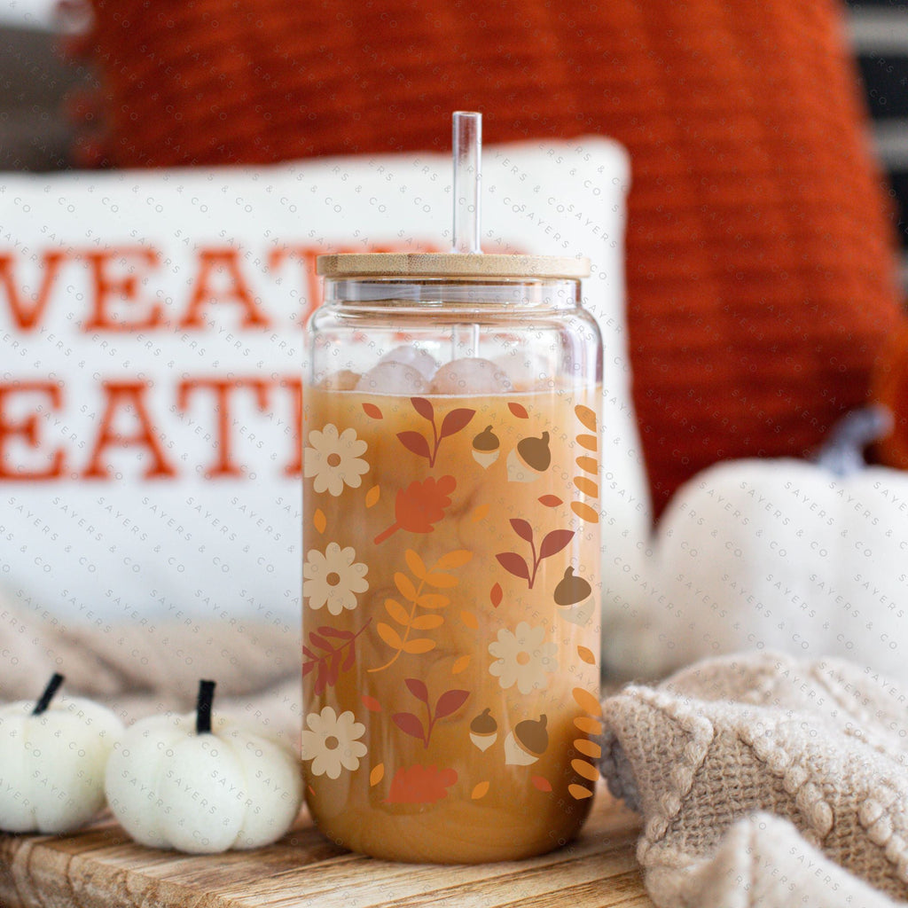 16oz Pumpkin Spiced Fall Iced Coffee Glass Can, Fall Tumbler, Gift For Her, Fall Mug with Bamboo Lid & Straw #100063 | Sayers & Co.