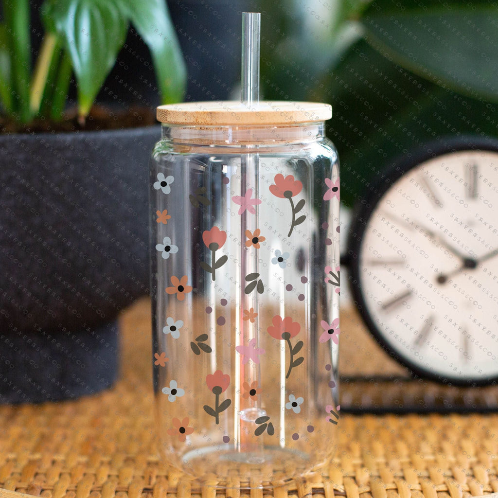 16oz Spring Signs of Spring Glass Cup with Bamboo Lid & Straw #100102 | Sayers & Co.