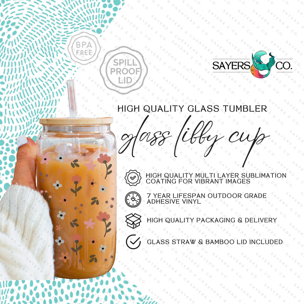 16oz Spring Signs of Spring Glass Cup with Bamboo Lid & Straw #100102 | Sayers & Co.