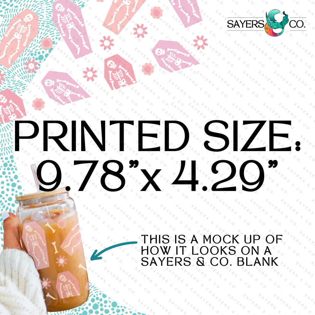 PRINTED Sublimation Transfer: Milk Milk Sugar Certified Printer- Silly Skeletons, coffins, pink halloween 16oz Halloween Sublimation Print | Sayers & Co.