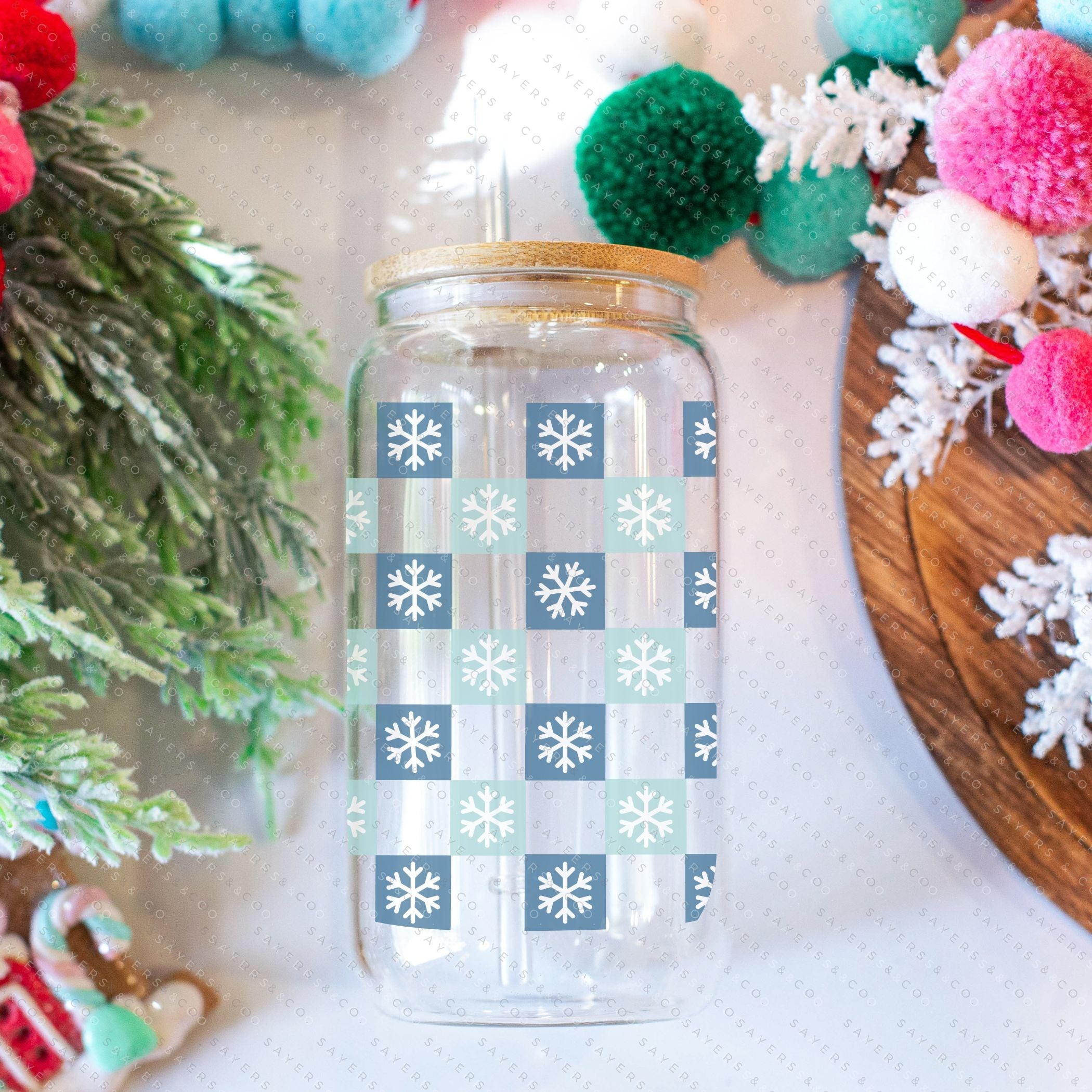 Snowflake Libbey Glass Tumbler | 16 oz | Glass Cup | Tumbler | Bamboo Lid &  Glass Straw | Iced Coffee Cup | Iced Drink Cup | Winter | Gift