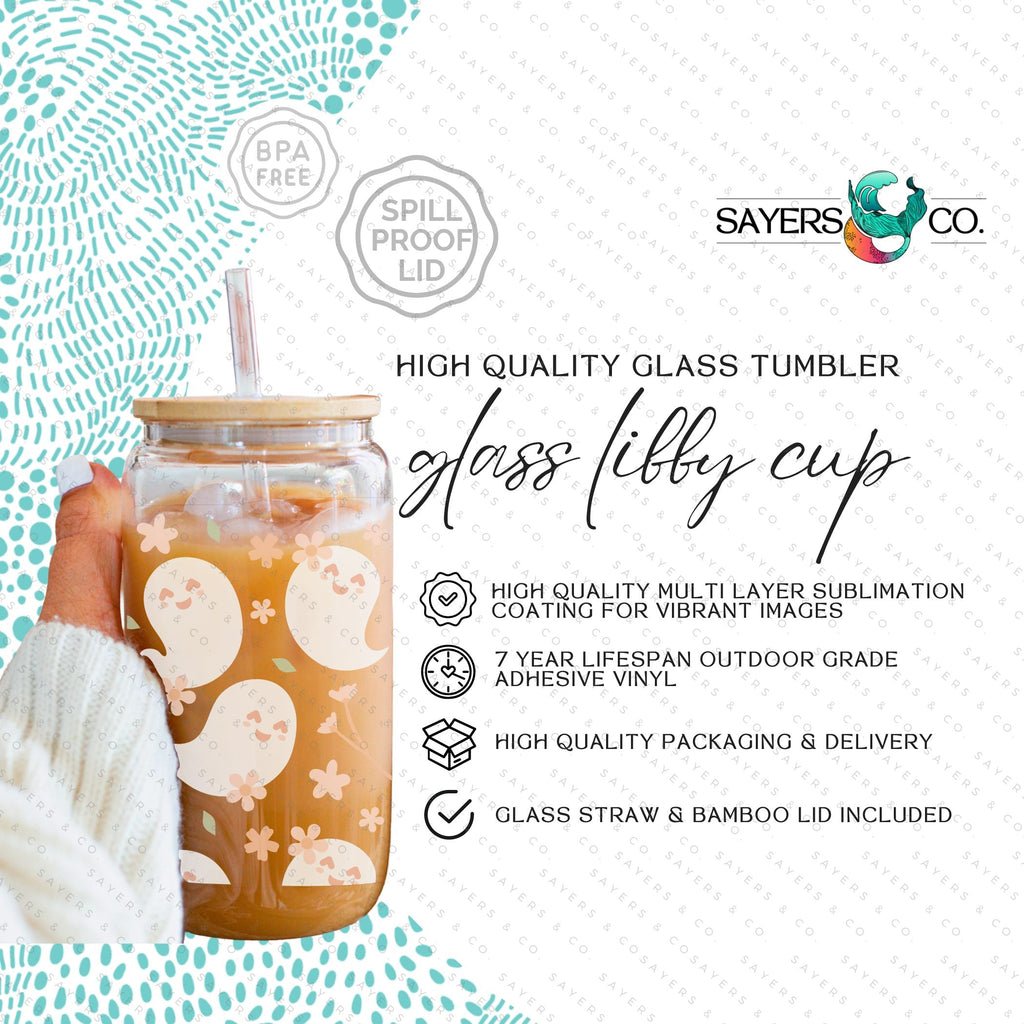 16oz Spring Ghosts Glass Cup with Bamboo Lid & Straw #100103 | Sayers & Co.