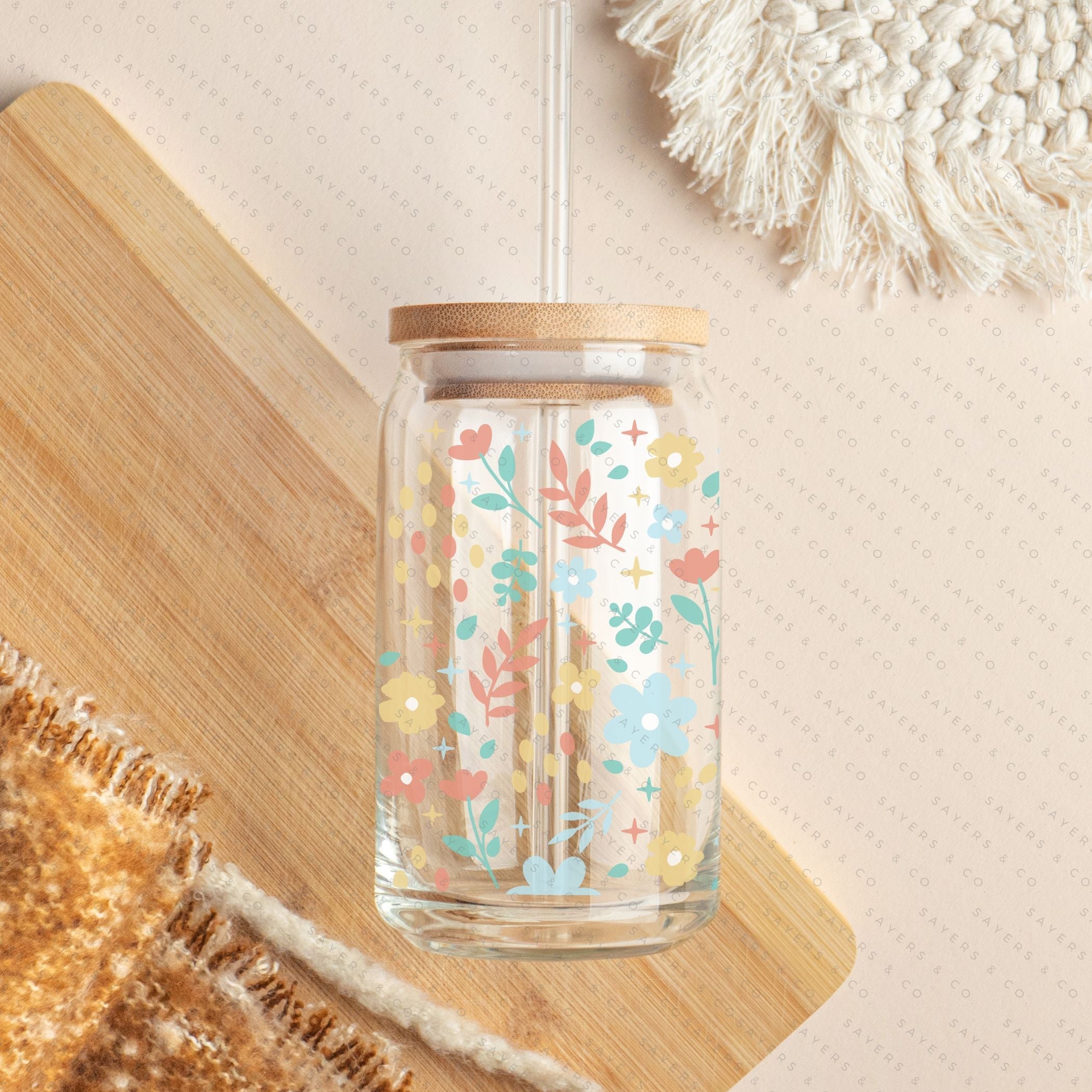 16oz Sweet Spring Glass Cup with Bamboo Lid & Straw #100105 Sayers & Co.
