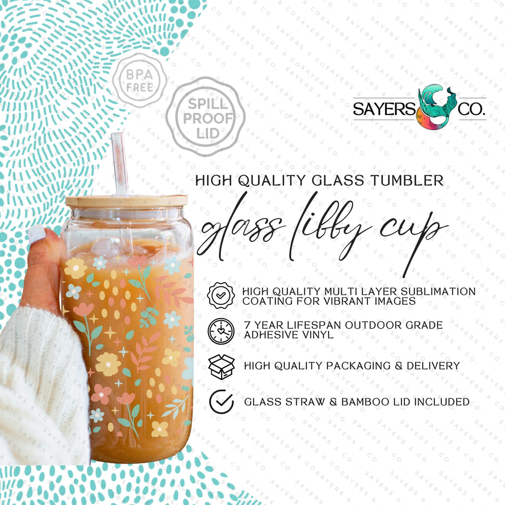 16oz Sweet Spring Glass Cup with Bamboo Lid & Straw #100105 | Sayers & Co.