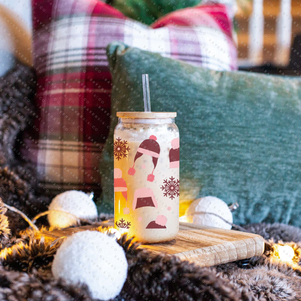 Copy of 16oz Snowfall Iced Coffee Glass Can, Holiday Tumbler, Snowfall Tumbler, Christmas Tumbler, Snowflake Pattern, Winter Pattern, Snowflake Tumbler, Winter Tumbler, Gift For Her, Christmas Mug with Bamboo Lid & Straw #100076 | Sayers & Co.