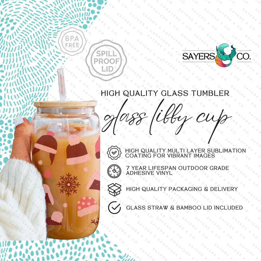 Copy of 16oz Snowfall Iced Coffee Glass Can, Holiday Tumbler, Snowfall Tumbler, Christmas Tumbler, Snowflake Pattern, Winter Pattern, Snowflake Tumbler, Winter Tumbler, Gift For Her, Christmas Mug with Bamboo Lid & Straw #100076 | Sayers & Co.