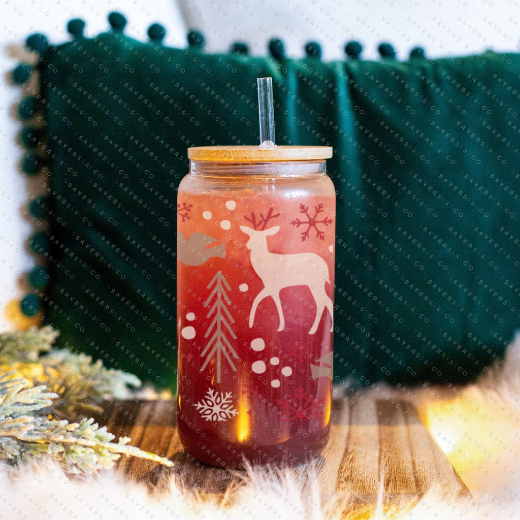 Christmas Tree Doodles Glass Cup with Bamboo Lid