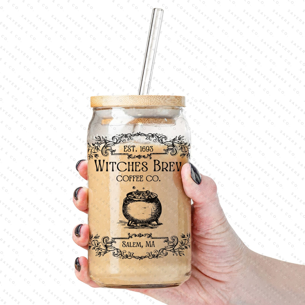 #100048 16oz Witches Brew Coffee Co Iced Coffee Glass Can, Fall Tumbler, Gift For Her, Halloween Mug, Potion Iced Coffee Can with Bamboo Lid & Straw | Sayers & Co.