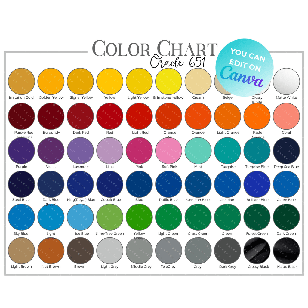 Oracle 651 Adhesive Vinyl Digital Download Color Chart (Customizable in Canva!) | Sayers & Co.