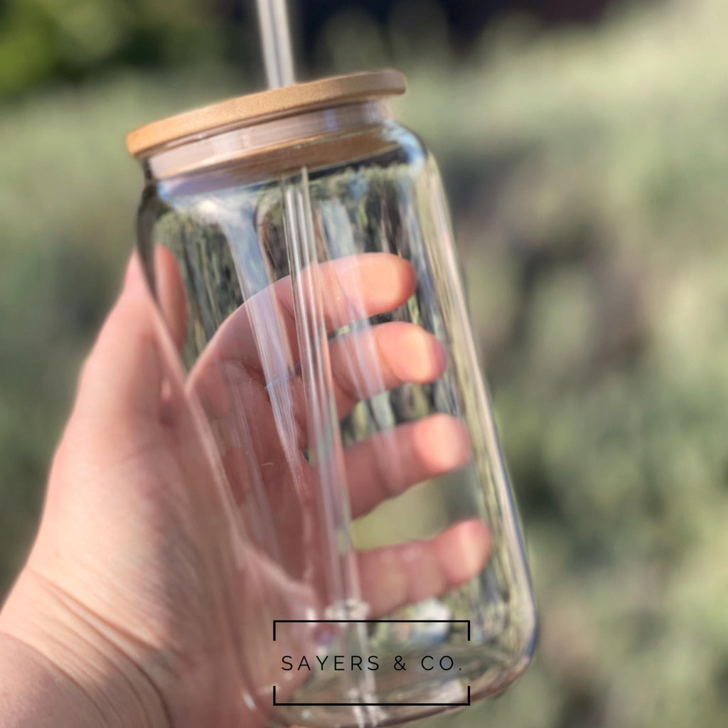 Fourth of July Glass Cup With Bamboo Lid & Glass Straw